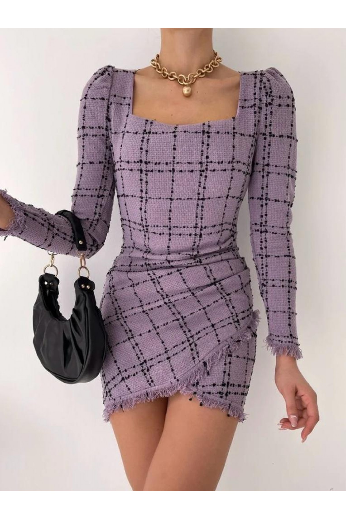 Tüvit Mini Elbise-Lila